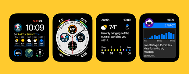 4 экрана AppleWatch с запущенным приложением Carrot Weather