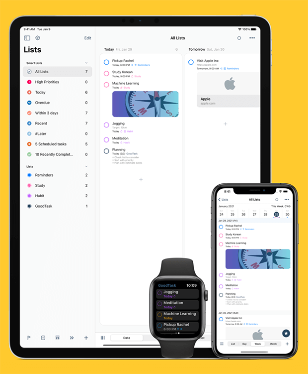 Приложение GoodTask в работе на различных системах: iOS, iPadOS, WatchOS