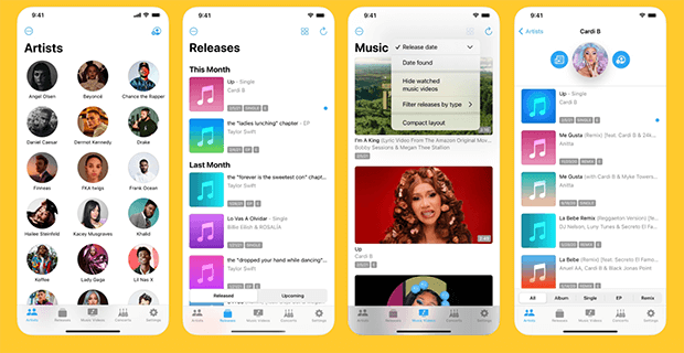 4 скриншота приложения MusicHarbor с демонстрацией различных функций